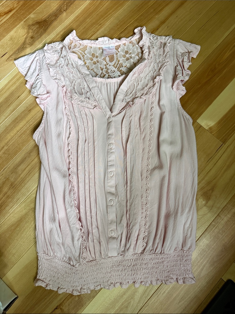 Women’s Lace-Back Pintuck Ruffle Blouse - Light Pink